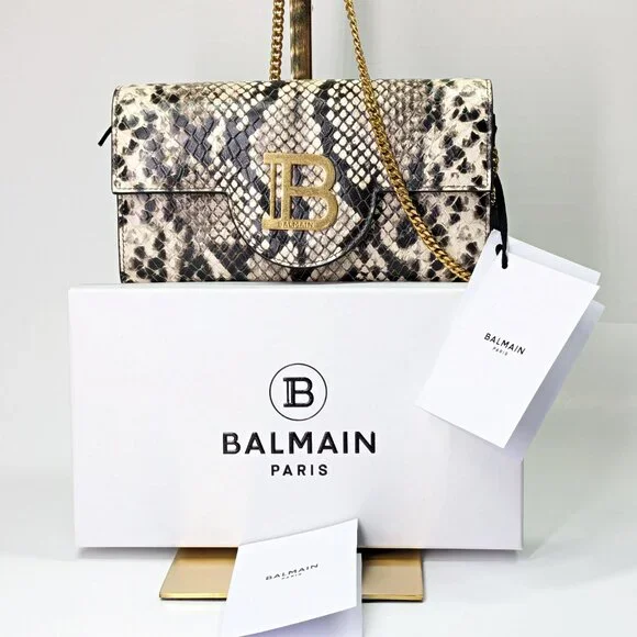 Balmain B-Buzz Snakeskin-Embossed Leather Gold Chain Clutch Wallet (MSRP $1,095) - Picture 3 of 16